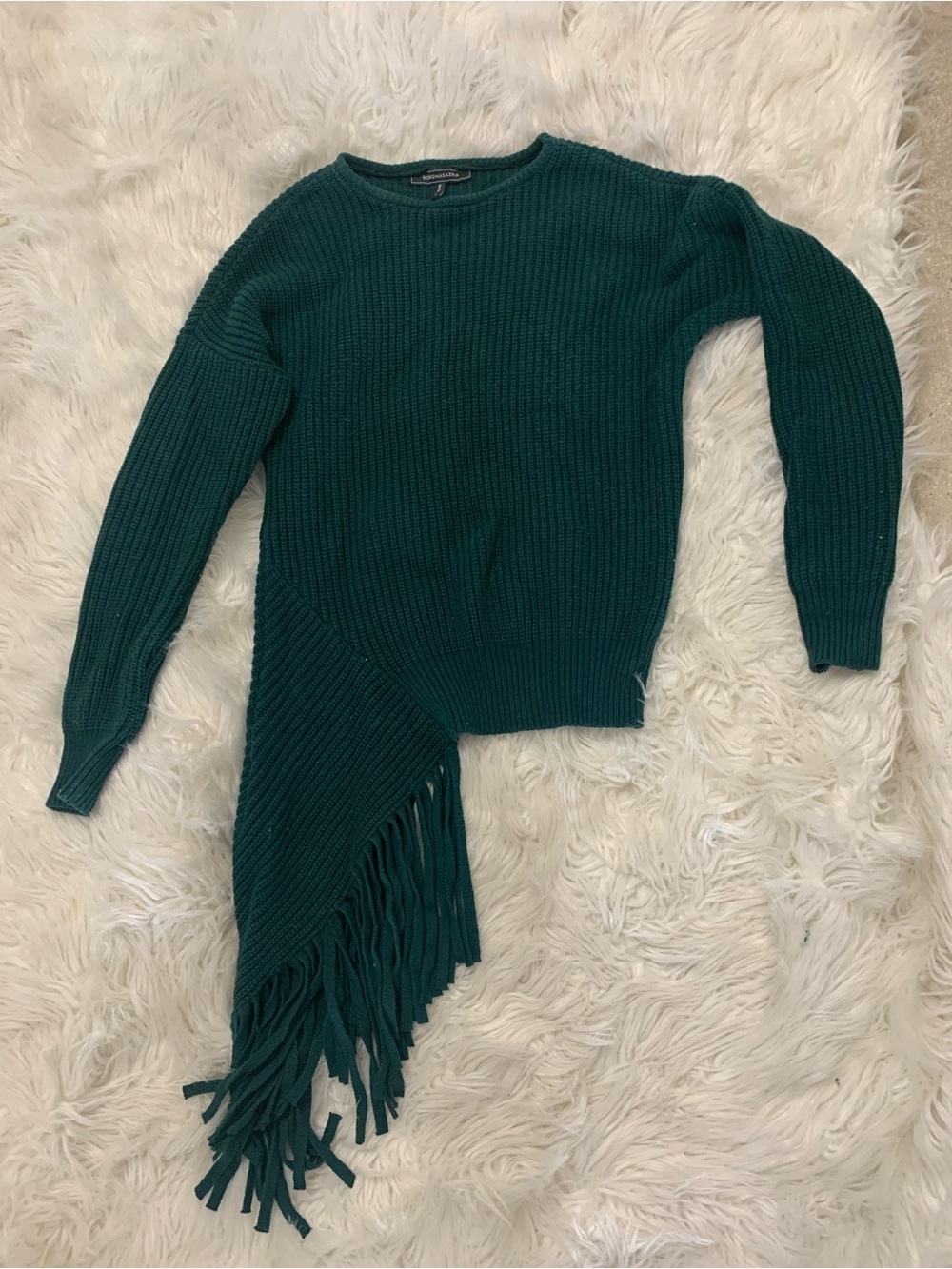 Lulu's Teal Green Asymmetric Fringe Crewneck Sweater